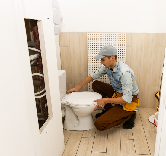 Plumber With A Toilet Plunger. The Worker.