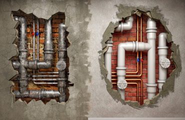 A hole in old concrete wall with weathered and damaged plumbing pipes inside and a hole in renovated wall with new pvc pipes inside, plumbing renovation concept, 3d illustration