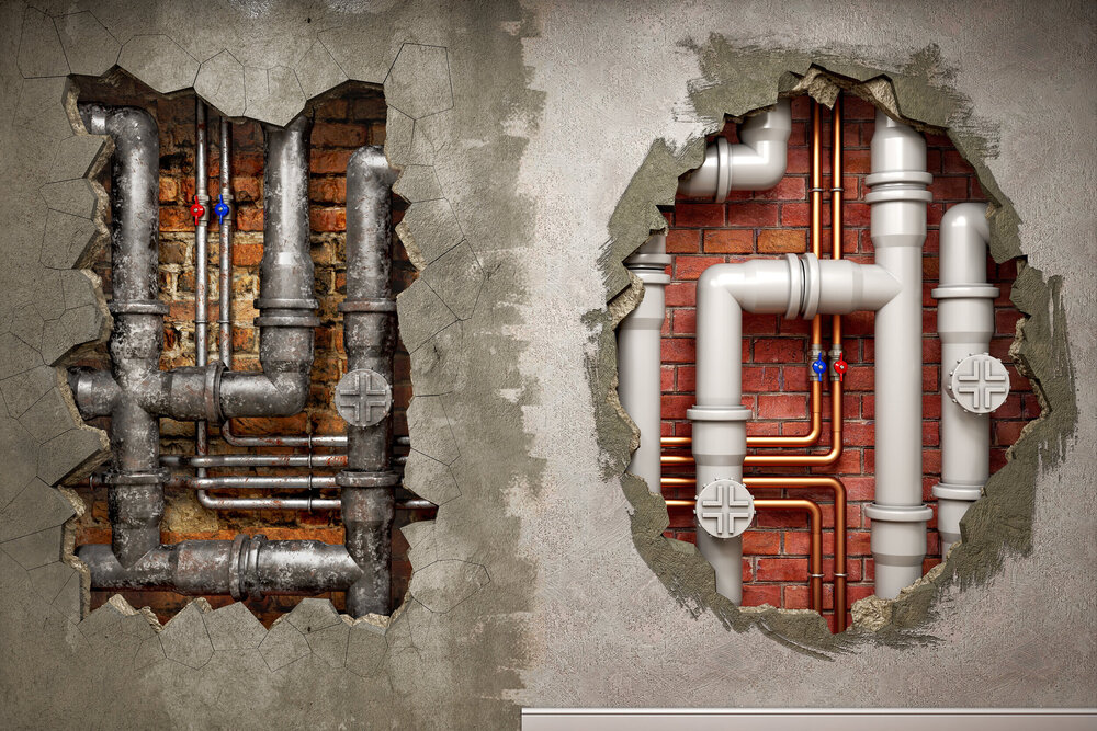 A hole in old concrete wall with weathered and damaged plumbing pipes inside and a hole in renovated wall with new pvc pipes inside, plumbing renovation concept, 3d illustration