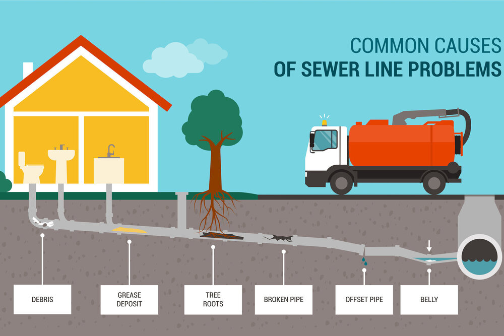 Common causes of sewer line problems infographic and sewer truck